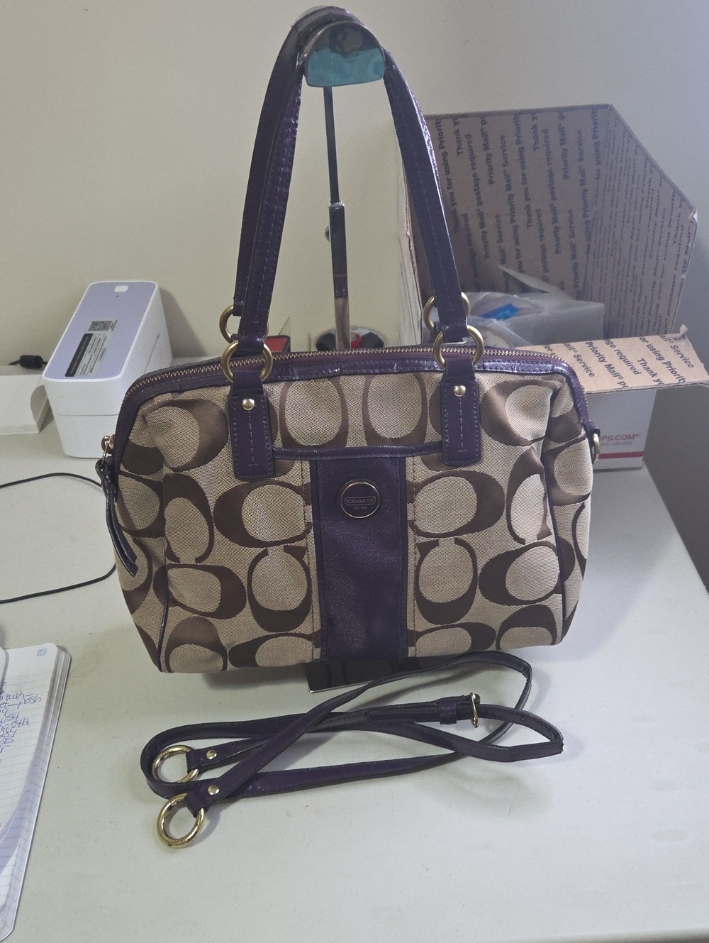 Coach Rehab Brown Signature Canvas Satchel with Purple Trim